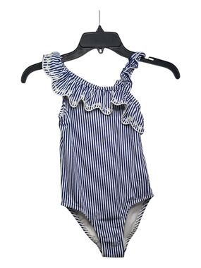 ​Gymboree Girls Blue White Striped One Shoulder Ruffle Swimsuit Size 8